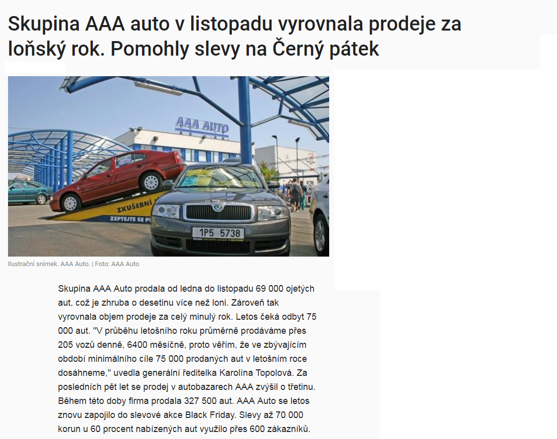 Aktuálně.cz: Skupina AAA auto v listopadu vyrovnala prodeje za loňský rok.  Pomohly slevy na Čer
